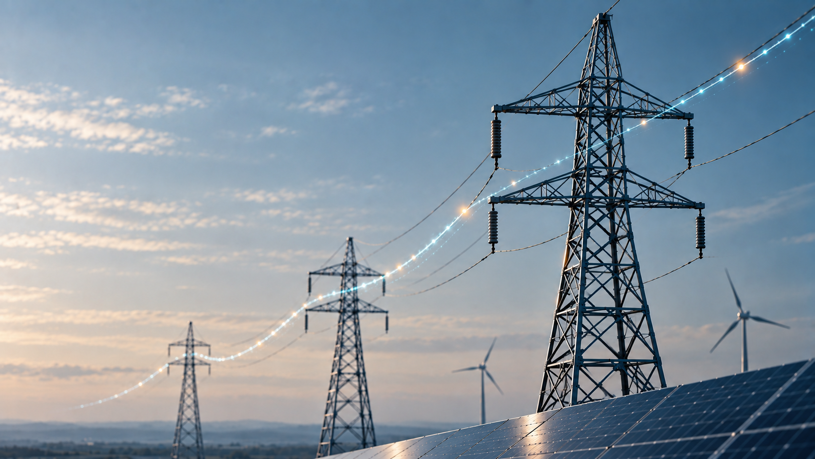 Strommasten, Windenergieanlagen und Photovoltaik in einem vernetzten Energiesystem