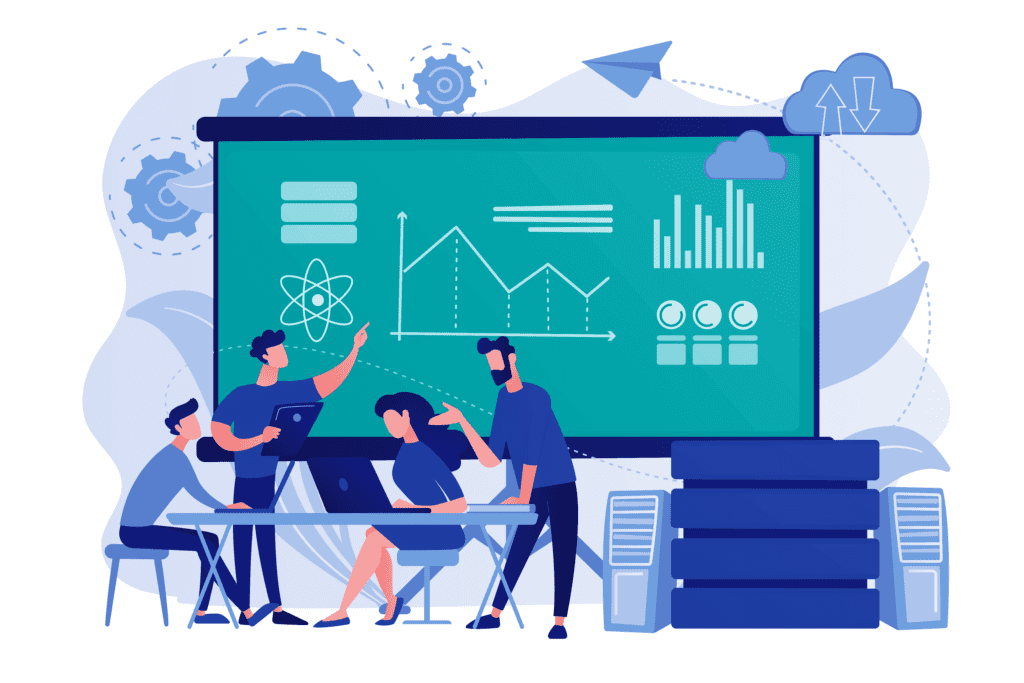 Ein Team arbeitet vor einem Schaubild mit verschiedenen Diagrammen
