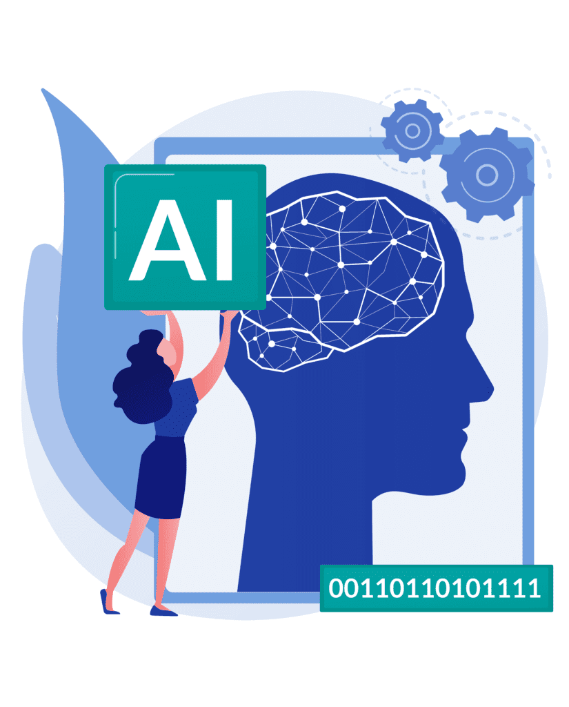 Eine Frau, welche ein Schild mit dem Schriftzug "AI" hochhält. Im Hintergrund ist ein künstliches menschliches Gehirn zu sehen